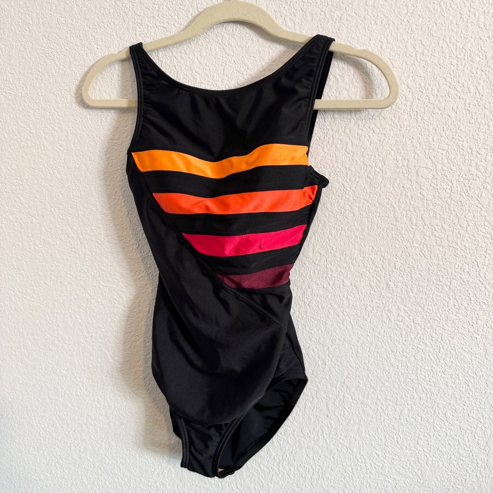 Speedo Womens Black Striped One Piece Swimsuit Keyhole Back Size 8 723019